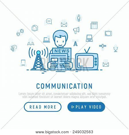 Communication Concept: Man Reading Newpaper And Watching Tv With Thin Line Icons: E-mail, Letter, Ch