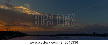 Panoramic View On Lavra Bell Tower And Lavra Orthodox Church And Monastery And Dniepro River. Silhou