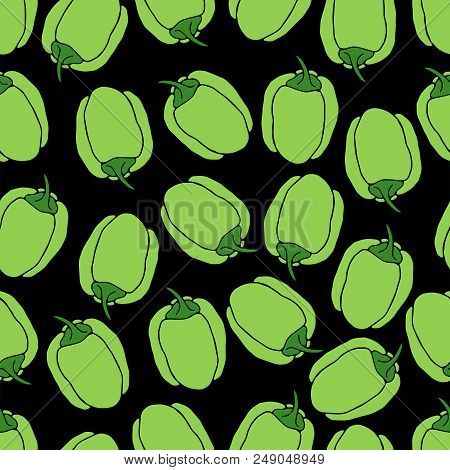 Seamless Green Pepper Pattern On Black Background