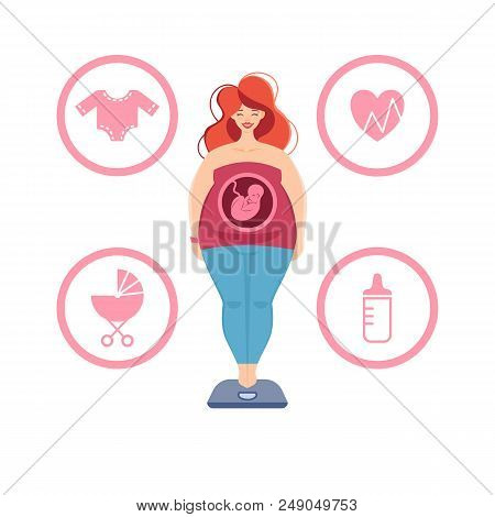 Woman Is Waiting A Baby. Baby Icon Set. Pregnant Woman On Weighing Scales.