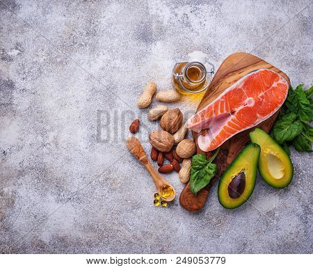 Selection Of Healthy Fat And Omega 3 Sources. Pruducts And Fish Oil Capules. Top View