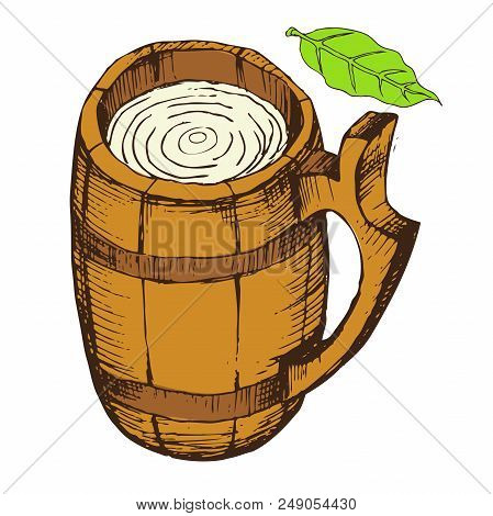 Wooden Mug For Drinks. Isolated Object On A White Background For The Design Of Advertising Beer Stor