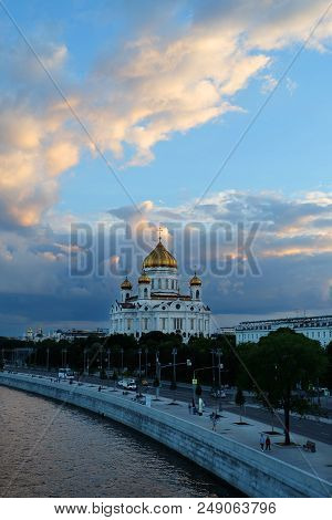 Moscow, Russia - July 3 2018. View Of The Cathedral Of Christ The Savior From The Bersenevskaya Emba