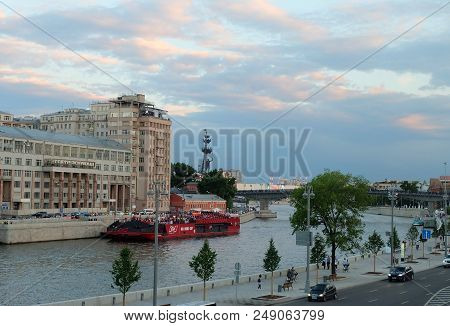 Moscow, Russia - July 3 2018. View Of The Estrada Theater From The Embankment Of The Moscow River.