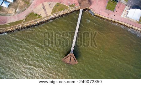Aerial View Of The Wooden Pier Or Jetty With Hut At Esplanade In Sipitang Town,sabah Borneo,malaysia
