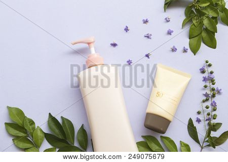 Natural Cosmetic For Skin Face Sunscreen Spf50 And Body Lotion Of Lifestyle Woman Relax Summer