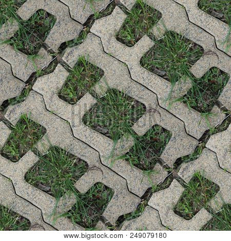 Seamles Pattern Of Concrete Road Tile On The Green Grass Path
