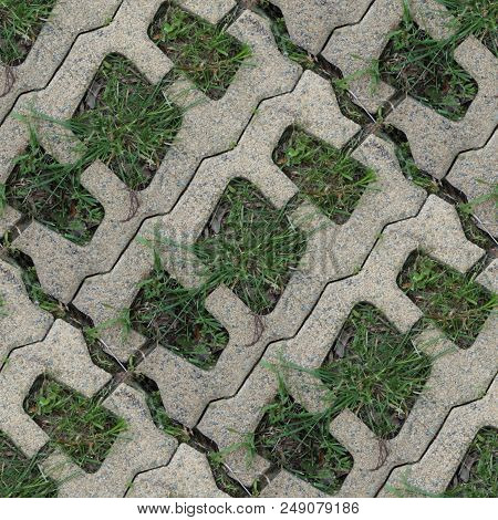 Seamles Pattern Of Concrete Road Tile On The Green Grass Path