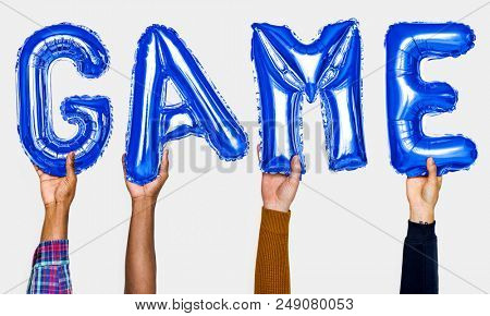 Blue alphabet helium balloons forming the text game