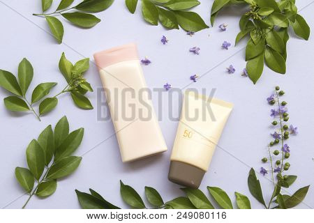 Natural Cosmetic For Skin Face Sunscreen Spf50 And Body Lotion Of Lifestyle Woman Relax Summer