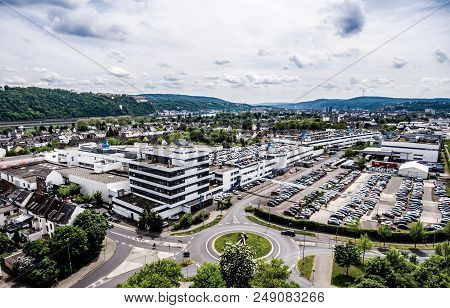 Koblenz, Germany 09.07.2017: Aerial View Of The Stabilus Headquarter And Factory In Koblenz. You Can