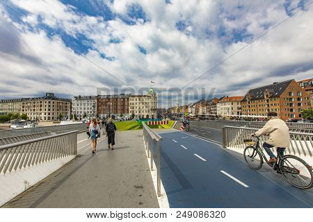 Copenhagen, Denmark - June 14, 2018: Unidentified People On Inderhavnsbroen Bridge In Copenhagen, De