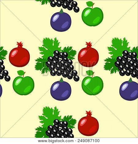 Fruits - Apples, Grapes, Pomegranate, Figs Seamless Pattern Light Greenbackground