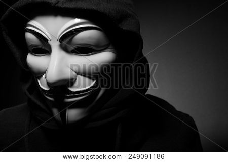 St. Petersburg - Russia - 25 January 2018 - Man Wearing Vendetta Mask. This Mask Is A Well-known Sym