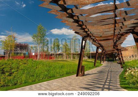 Tufeleva roscha architecture park in Moscow. Summer day at landscape park walk