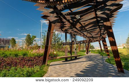 Tufeleva roscha architecture park in Moscow. Summer day at landscape park walk