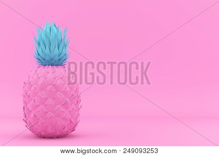 Painted Pink And Blue Pinapple On Pink Background. Modern Fashion Design In Minimal Style. Vivid And
