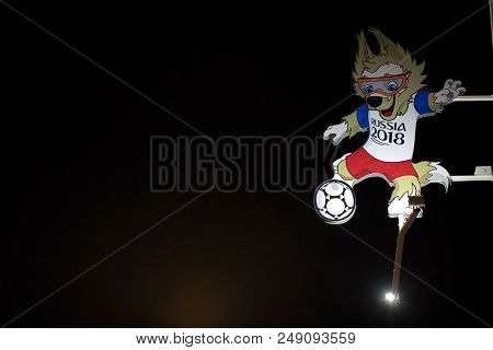 Rostov-on-don, Russia - June 26, 2018: Zabivaka Figure On Poll Near Stadium. Zabivaka Is The Officia