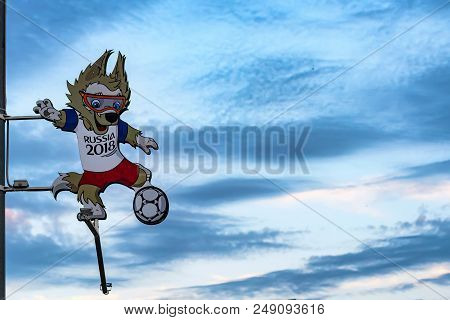 Rostov-on-don, Russia - June 26, 2018: Zabivaka Figure On Poll Near Stadium. Zabivaka Is The Officia