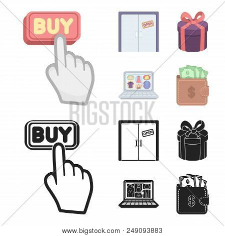 Hand, Click, Elevator, Gift, Box, Door, Online Store And Other Equipment. E Commerce Set Collection 