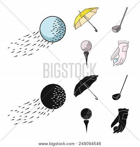 A Flying Ball, A Yellow Umbrella, A Golf Club, A Ball On A Stand. Golf Club Set Collection Icons In 