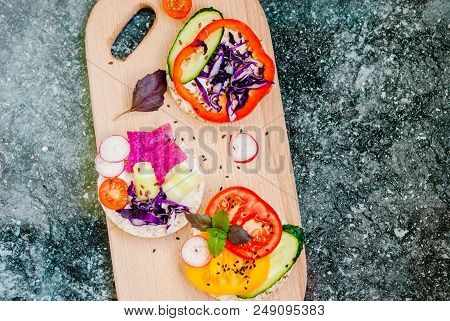 Open Sandwiches Of Rice Cakes With Cream Cheese , Vegetables, Healthy Breakfast