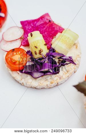 Open Sandwiches Of Rice Cakes With Cream Cheese , Vegetables, Healthy Breakfast