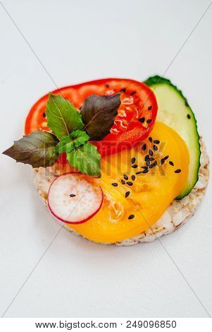 Open Sandwiches Of Rice Cakes With Cream Cheese , Vegetables, Healthy Breakfast