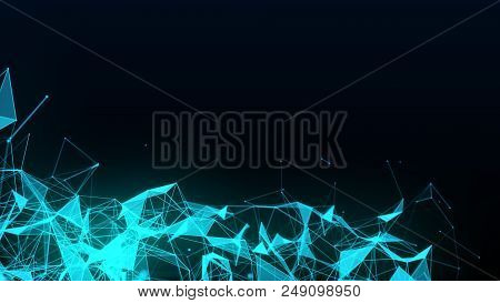 Abstract Futuristic Illustration Of Polygonal Surface With Connecting Dots On Black Background. Neur