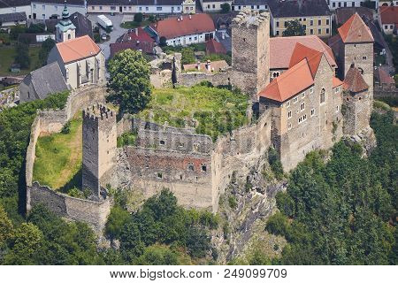 Aerial Closeup View Of Medieval Castle Hardegg In Austria.