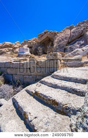 Ancient Ruins In The Island Of Delos In Cyclades, One Of The Most Important Mythological, Historical