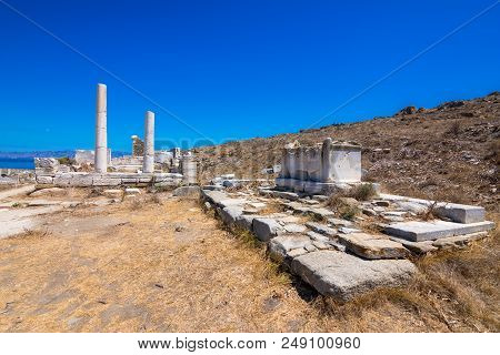 Ancient Ruins In The Island Of Delos In Cyclades, One Of The Most Important Mythological, Historical
