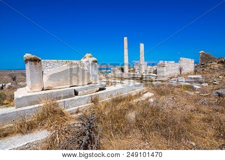 Ancient Ruins In The Island Of Delos In Cyclades, One Of The Most Important Mythological, Historical
