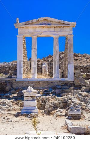 Ancient Ruins In The Island Of Delos In Cyclades, One Of The Most Important Mythological, Historical