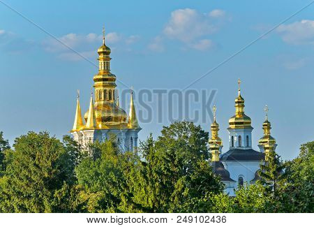 Orthodox Monastery, Pechersk Lavra In Kiev On The Green Hills Of Pechersk, Among Green Trees