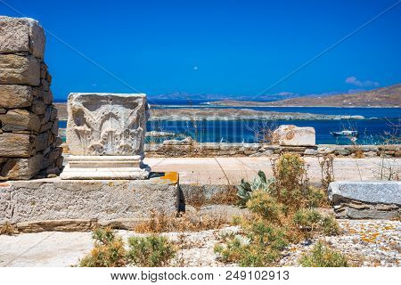 Ancient Ruins In The Island Of Delos In Cyclades, One Of The Most Important Mythological, Historical