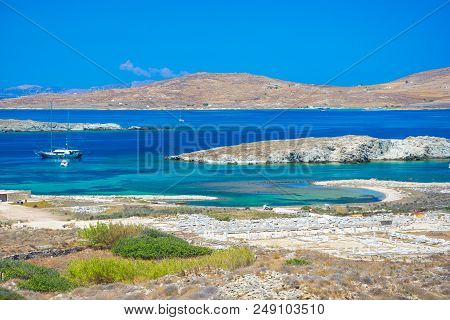 Ancient Ruins In The Island Of Delos In Cyclades, One Of The Most Important Mythological, Historical