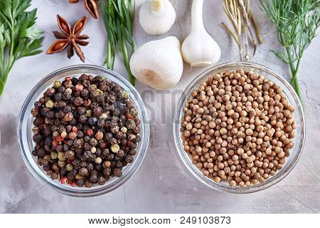 Three Glass Bowls With Spices Arranged In Rows On White Textured Background, View From Above, Select
