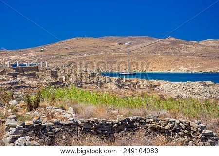 Ancient Ruins In The Island Of Delos In Cyclades, One Of The Most Important Mythological, Historical