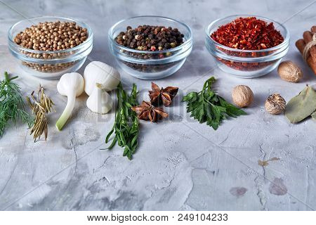 Three Glass Bowls With Spices Arranged In Rows On White Textured Background, View From Above, Select