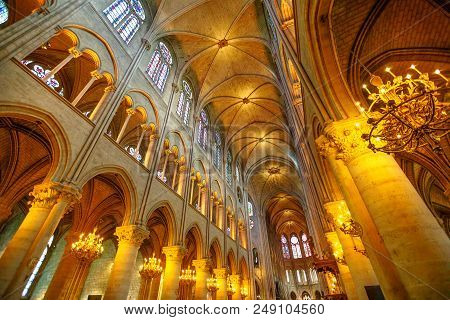 Paris, France - July 1, 2017: Central Nave Interior Of Our Lady Of Paris Church, Notre Dame Gothic C