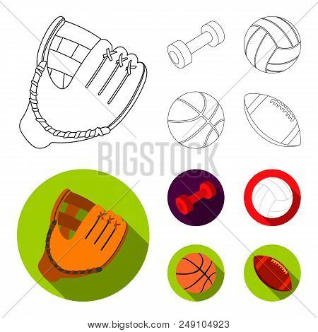 Blue Dumbbell, White Soccer Ball, Basketball, Rugby Ball. Sport Set Collection Icons In Outline, Fla