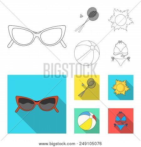 A Game Of Badminton, A Ball And The Sun.summer Vacation Set Collection Icons In Outline, Flat Style 