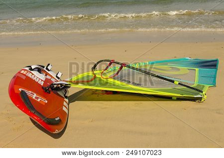 Sotavento Beach, Fuerteventura, Canary Islands, Spain: May 26th, 2018. Windsurfing Board Lying In Th
