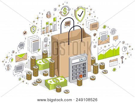 Big Sale Concept, Retail, Sellout, Shopping Bag With Cash Money Stacks Isolated On White Background.