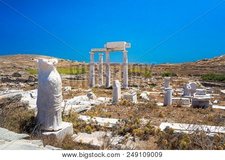 Ancient Ruins In The Island Of Delos In Cyclades, One Of The Most Important Mythological, Historical