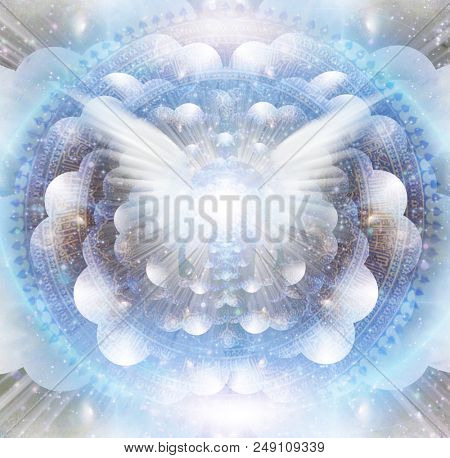 Shining wings and man's aura in a center of Indian mandala. Multi-layered spaces representing endless dimensions. 3D rendering