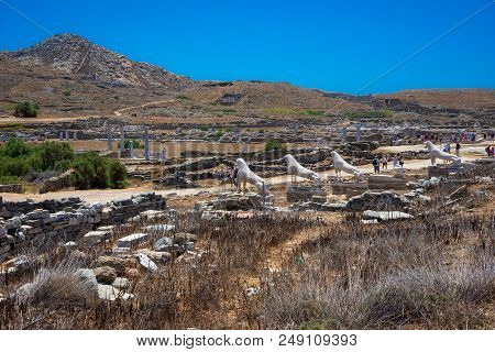 Ancient Ruins In The Island Of Delos In Cyclades, One Of The Most Important Mythological, Historical