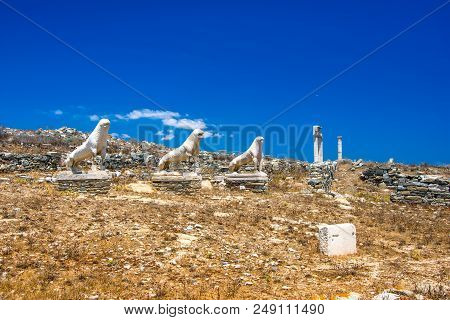 Ancient Ruins In The Island Of Delos In Cyclades, One Of The Most Important Mythological, Historical