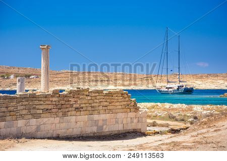 Ancient Ruins In The Island Of Delos In Cyclades, One Of The Most Important Mythological, Historical